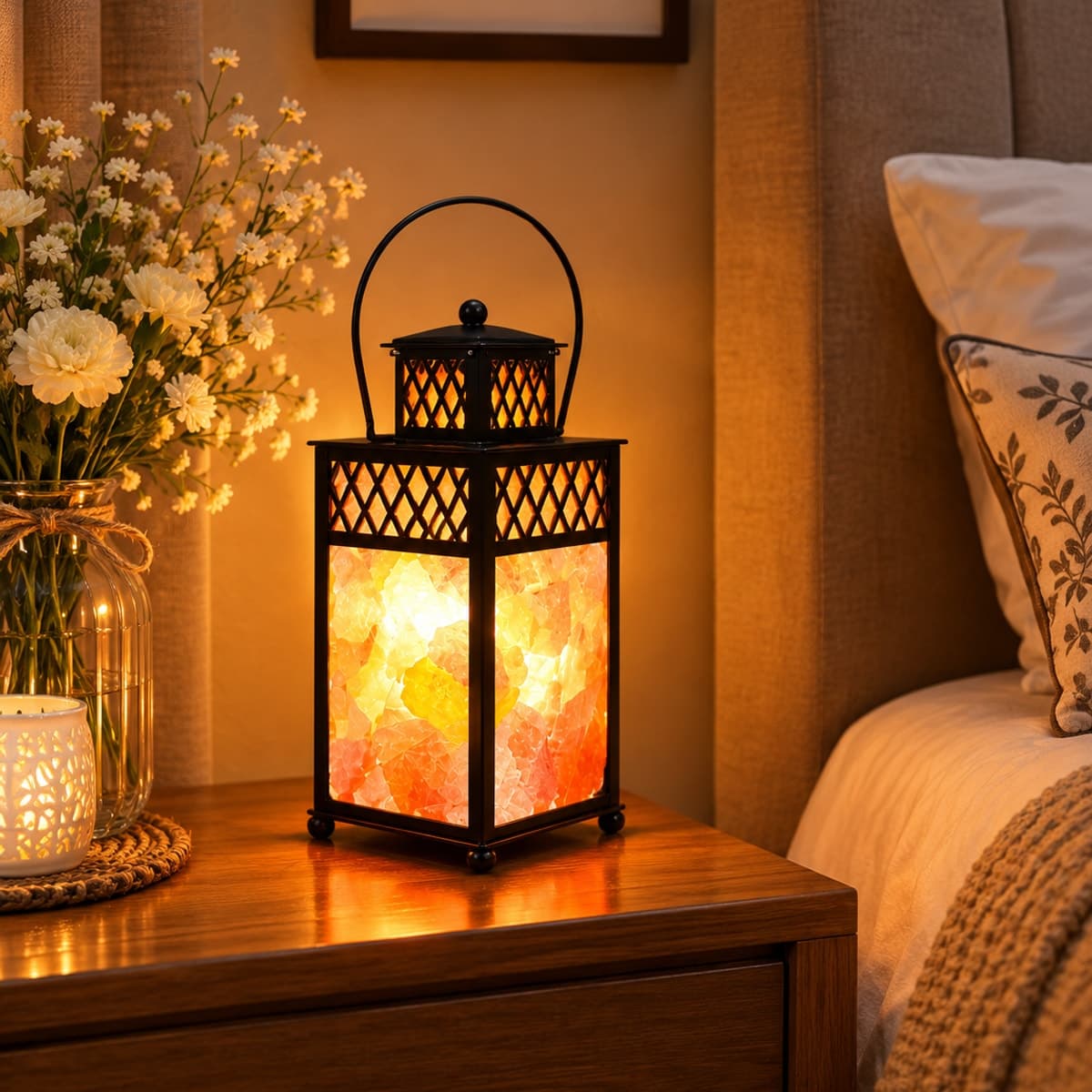 Square black metal salt lantern glowing on a bedside table